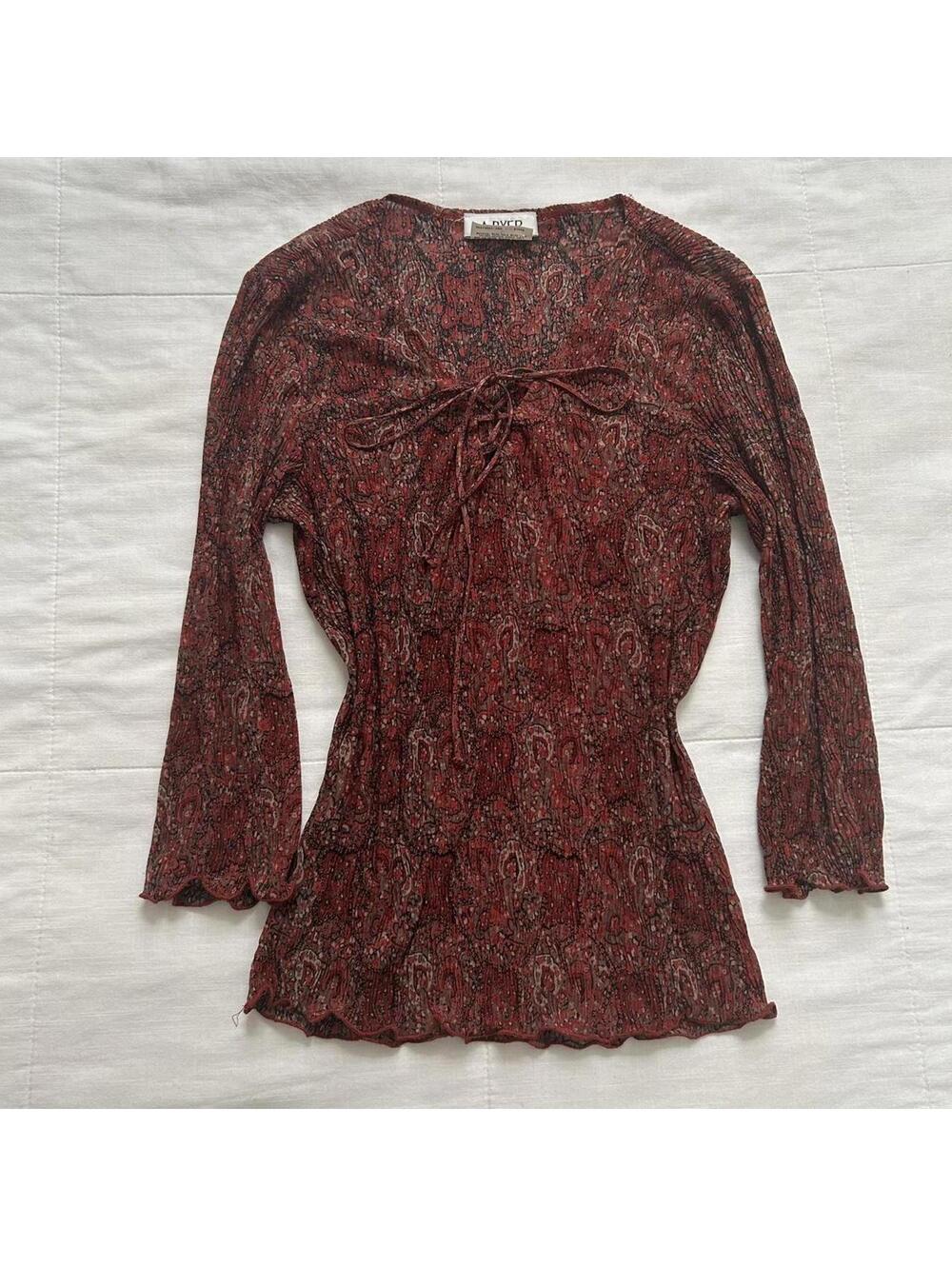 A. Byer Red Paisley Long Sleeve Tie-Neck Blouse